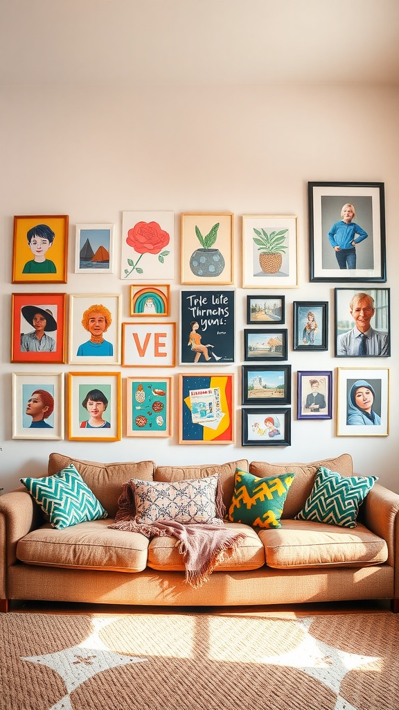 A living room with a couch and a colorful wall filled with various framed artworks.