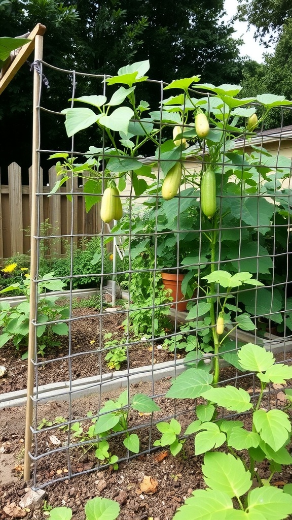 A wire mesh trellis supporting cucumber plants with green leaves and developing cucumbers in a garden.