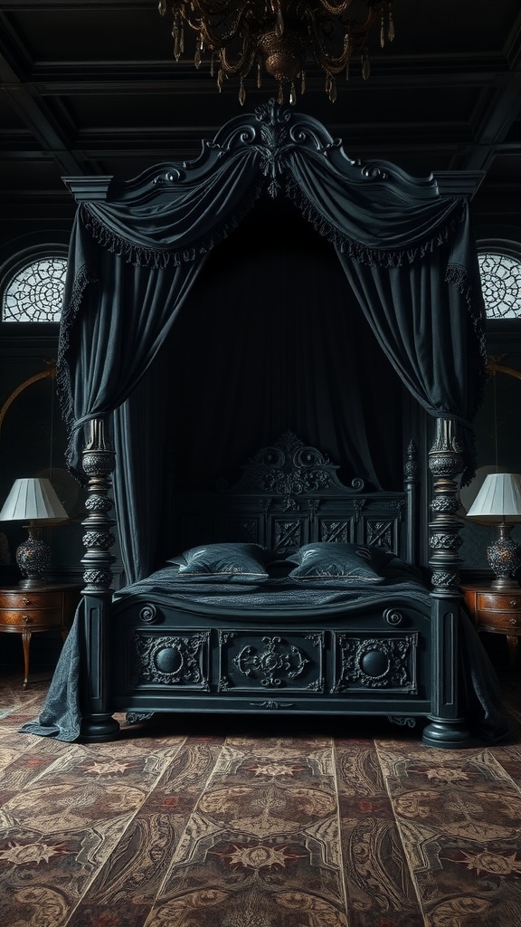 A Gothic-style four-poster bed with dark drapes, ornate details, and ambient lighting.