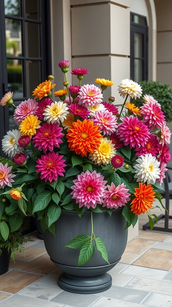 A large pot filled with colorful dahlias in various shades on a patio.