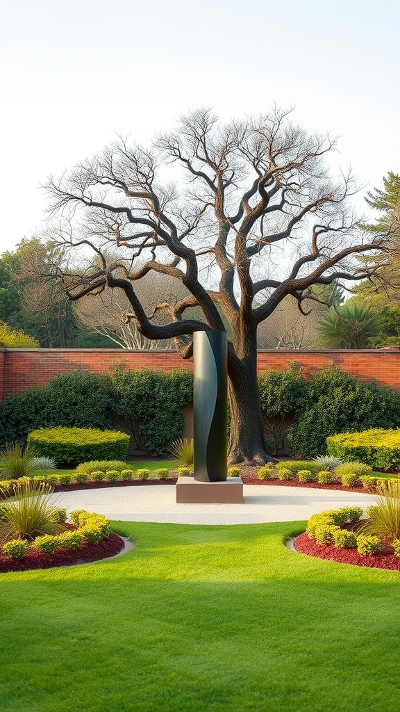 A modern sculpture surrounded by lush greenery and a large bare tree in a landscaped garden.