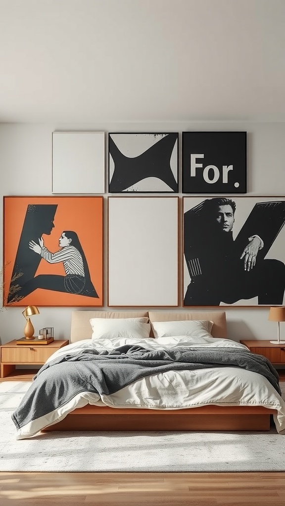 Dramatic wall art display in a modern bedroom