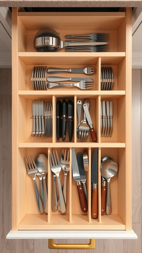 Organized kitchen drawer with dividers for cutlery and kitchen tools.