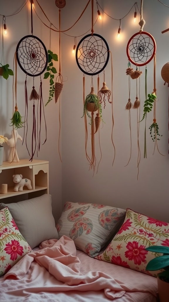 A cozy bedroom corner featuring dreamcatchers, hanging plants, and decorative pillows.