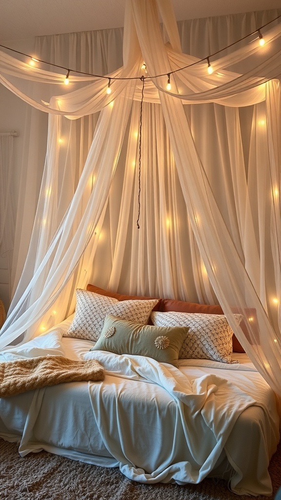 A cozy canopy bed adorned with fairy lights, featuring soft fabrics and cozy pillows.