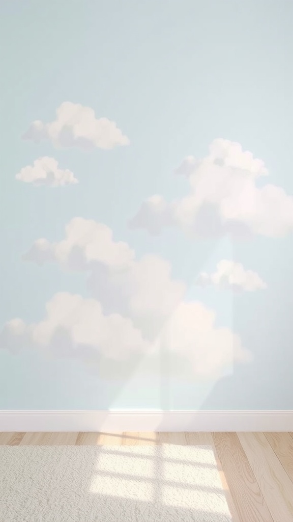 A wall painted in soft blue with fluffy white clouds, creating a dreamy sky effect.