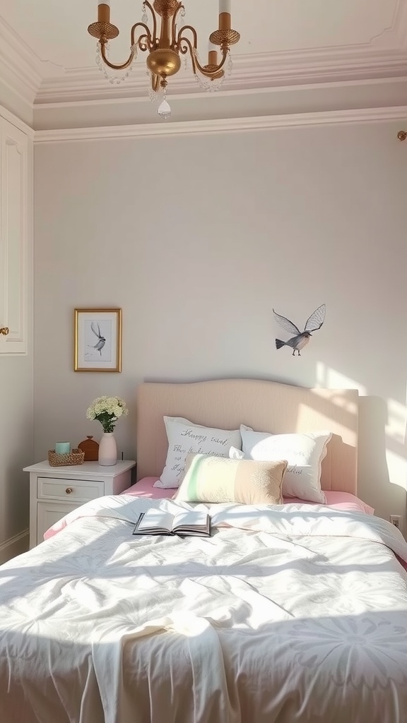 A cozy fairycore bedroom featuring pastel color palettes with soft textures and warm sunlight