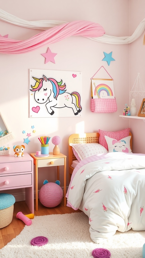 A cozy unicorn-themed bedroom with pink walls, whimsical decor, and playful elements.