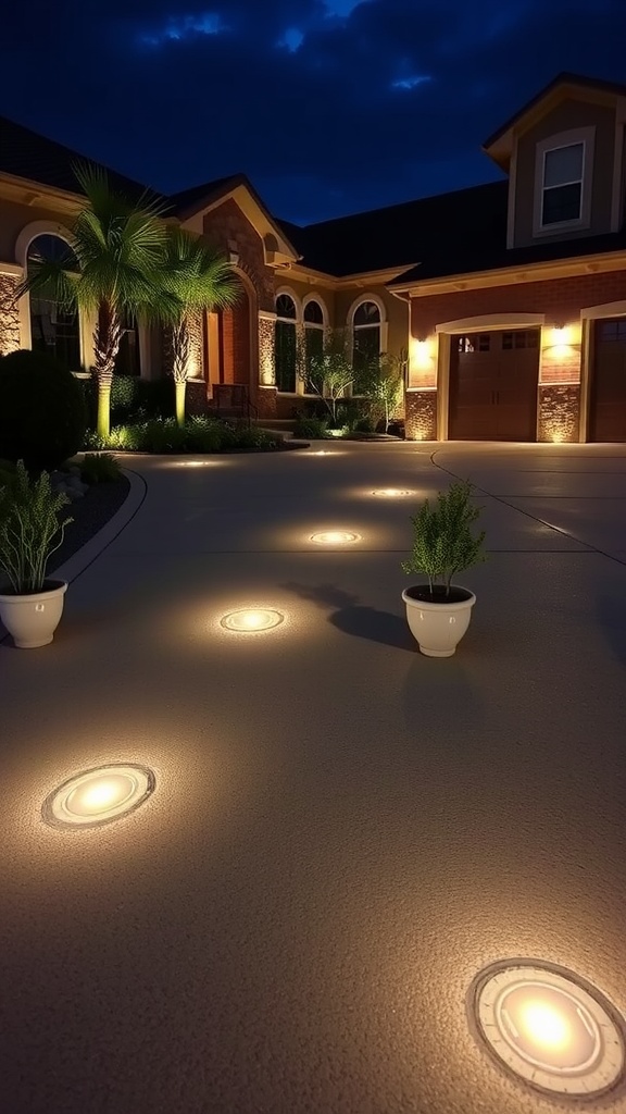 A driveway with built-in recessed lighting, showcasing a well-lit pathway and decorative plants at night.