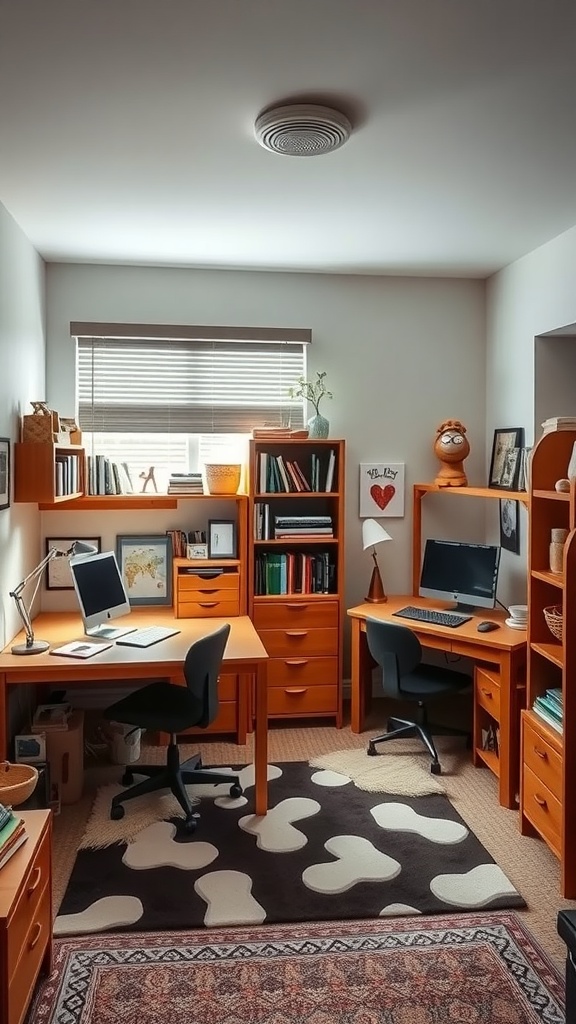 A small bedroom with two study areas featuring orange desks, computers, and bookshelves, promoting a collaborative workspace for two brothers.