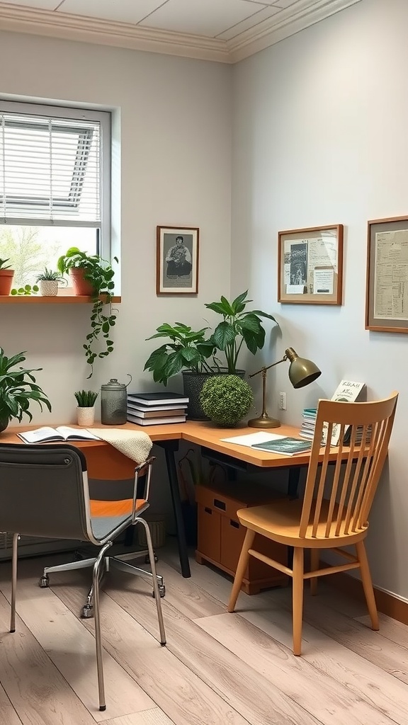 A cozy dual study nook setup for two sisters with distinct desks and plenty of plants.