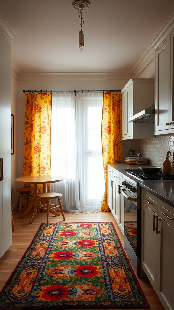 A colorful kitchen with a dynamic floral rug and bright yellow curtains.