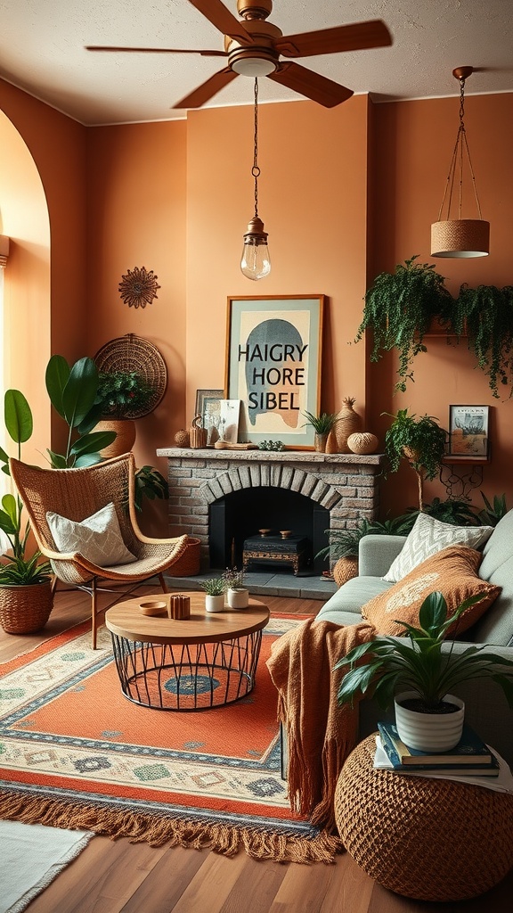 A cozy boho living room featuring earthy colors with plants and natural textures.