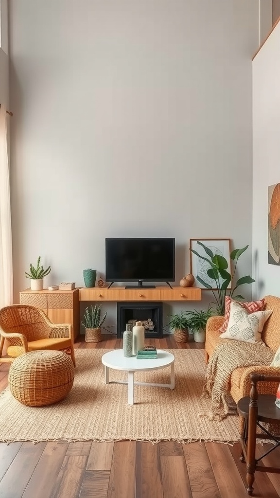 A boho style living room featuring earthy color palettes with a cozy couch, rattan chairs, and indoor plants.