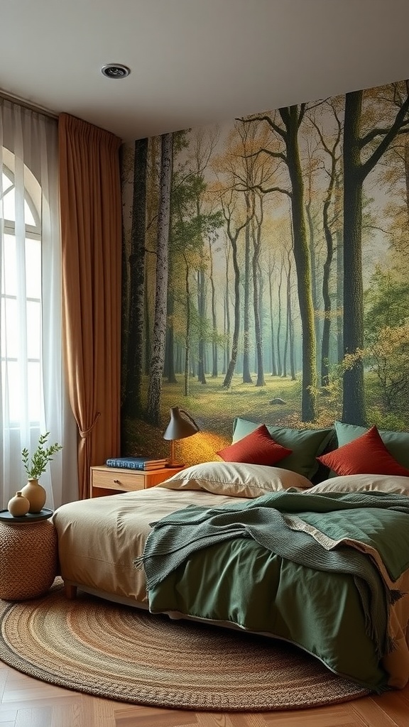 A cozy bedroom featuring a forest mural with earthy color tones, soft bedding, and natural decor.