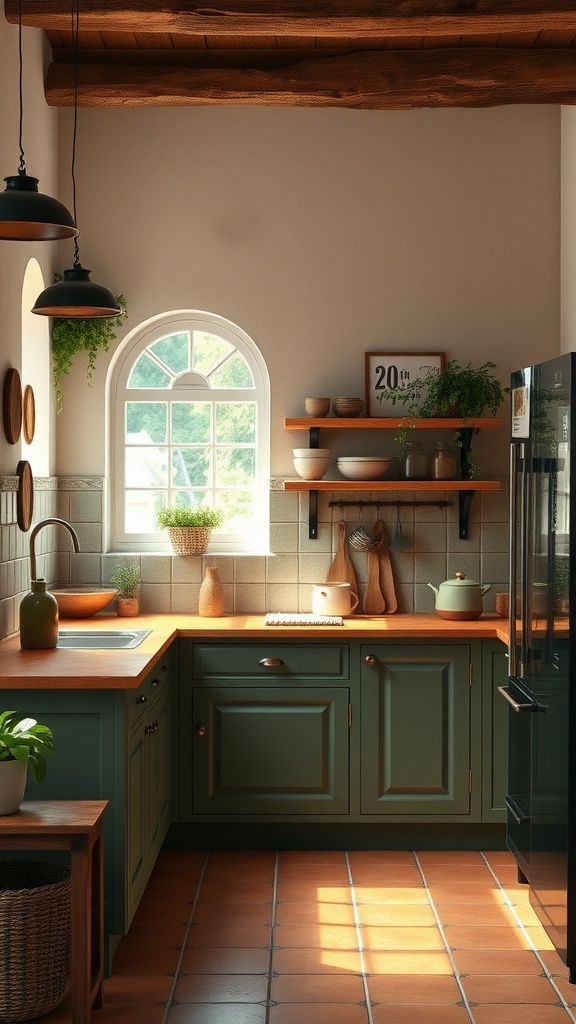 A cozy boho kitchen featuring earthy colors, wooden countertops, and natural light.