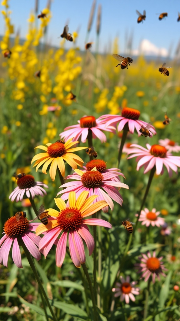 A vibrant display of Echinacea flowers with bees flying around, showcasing their role in attracting pollinators.