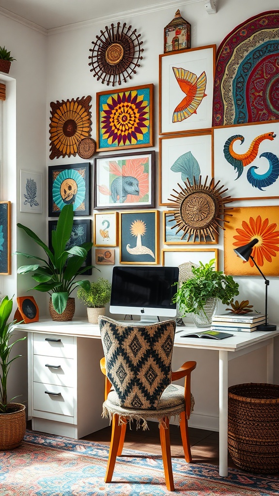 A boho home office with eclectic art on the walls, featuring colorful prints and woven decor, complemented by plants and a stylish desk.