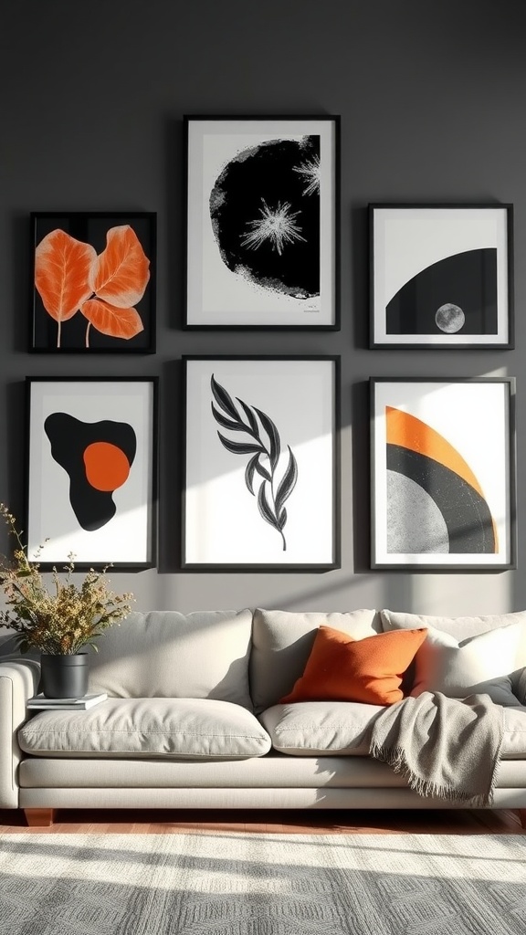 Eclectic art displays in a black and rust living room featuring framed artwork of various styles on dark walls.