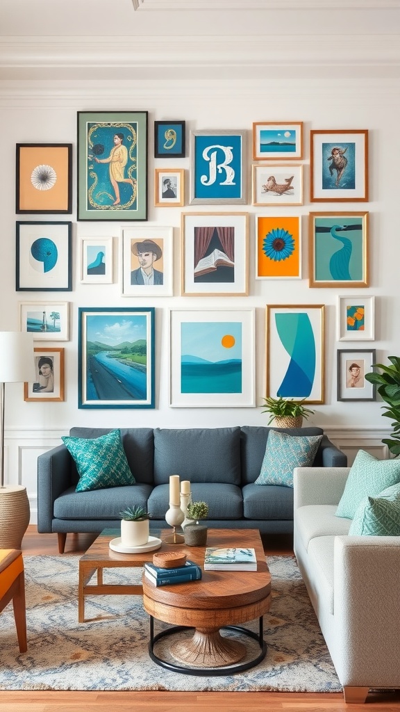 Living room featuring an eclectic gallery wall with blue and green artwork.