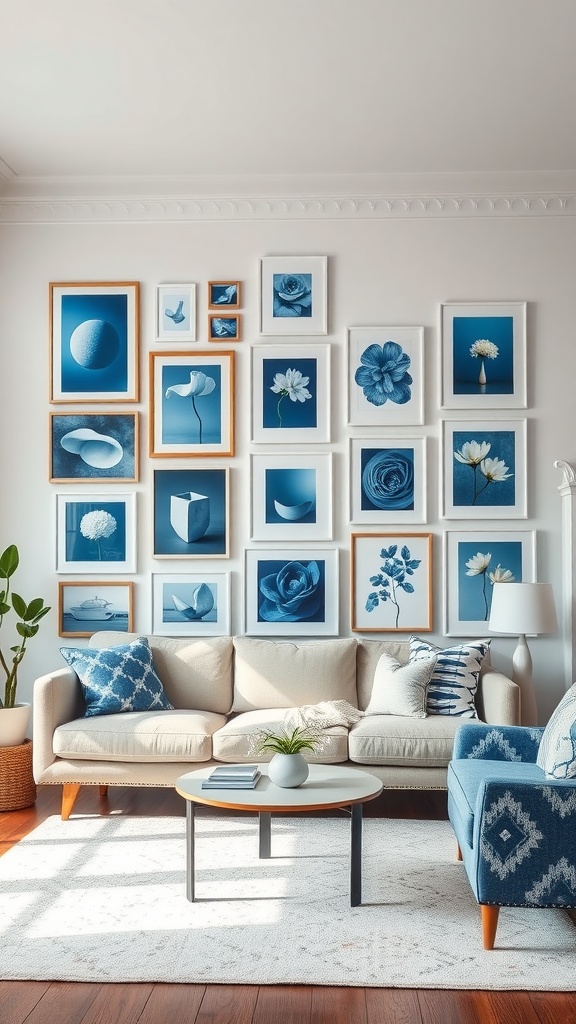 Eclectic blue and white gallery wall featuring various framed artworks and photographs.