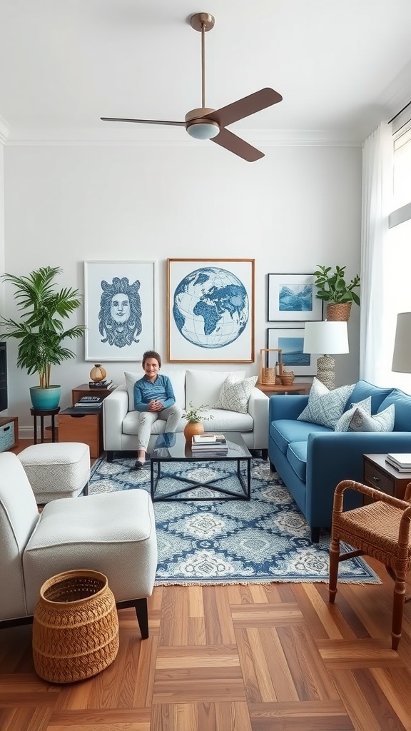 A cozy living room featuring a blue sofa, white chairs, plants, and eclectic wall art.