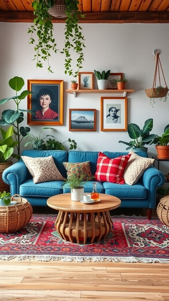 A cozy living room featuring a blue couch, colorful pillows, a wooden coffee table, and hanging plants.