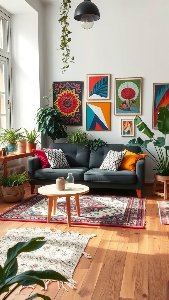 A living room featuring a dark gray sofa, vibrant cushions, colorful wall art, and various plants.