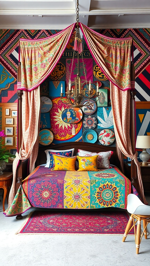 Eclectic canopy bed with vibrant mixed patterns and colorful wall decor