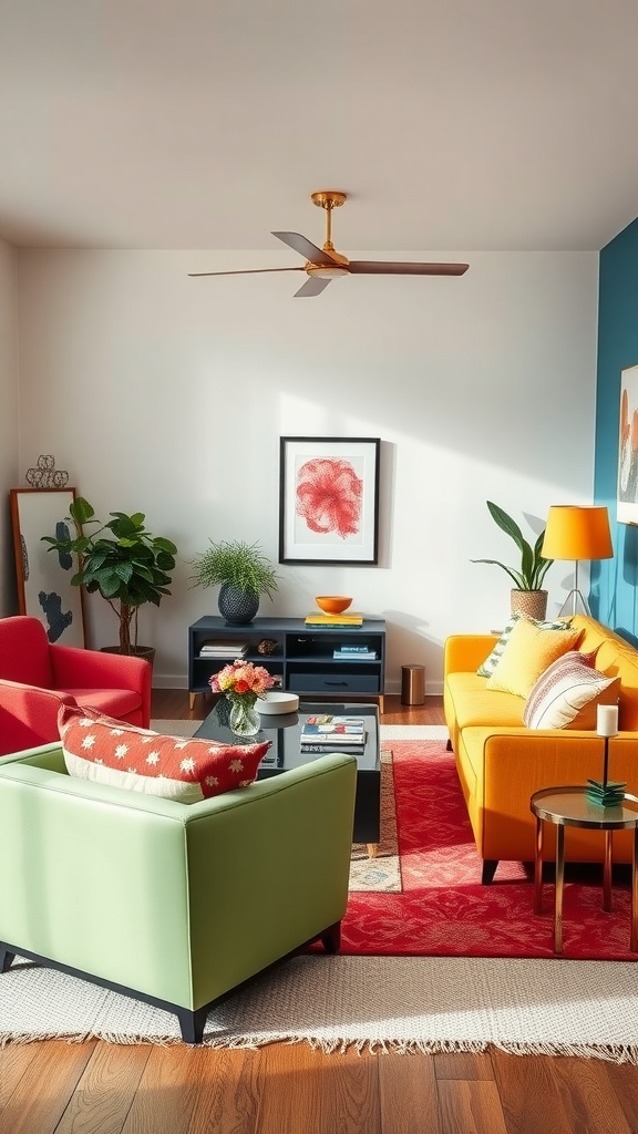 A bright and colorful living room featuring a mix of orange, green, and red furniture, with a blue accent wall and plants.