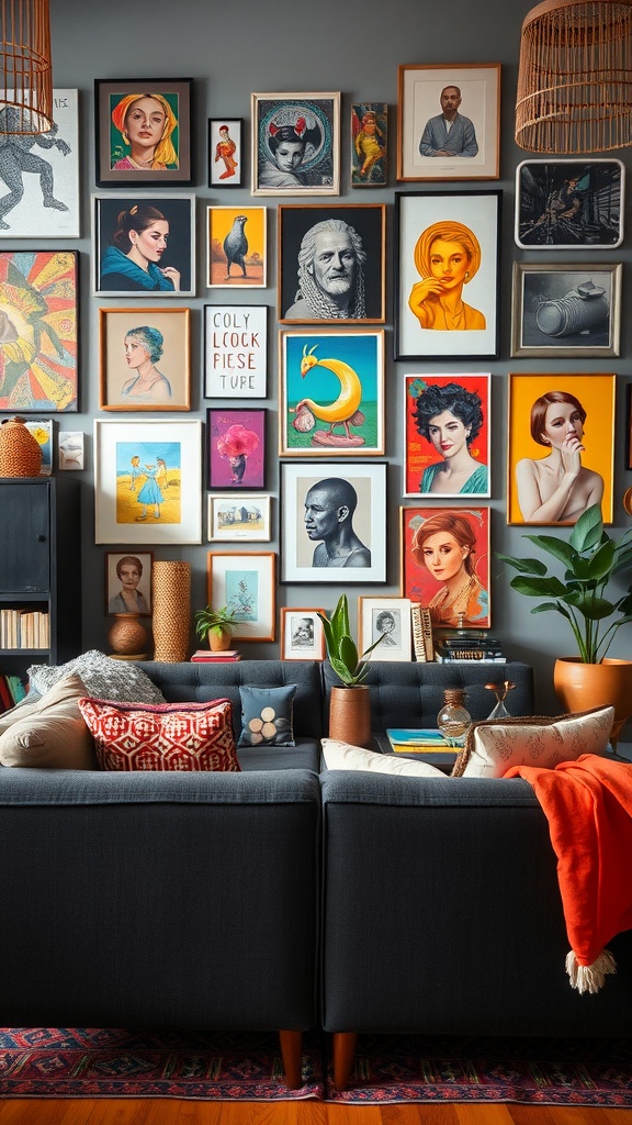 Living room featuring a dark gray sofa with colorful artwork and decorative pillows.