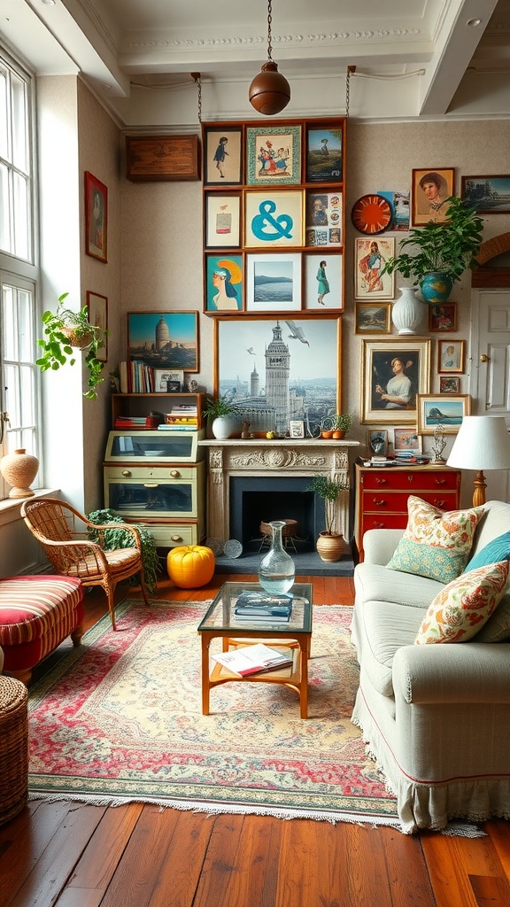 A cozy living room with eclectic decor including framed art, a comfortable couch, a wicker chair, a coffee table, and a pumpkin.