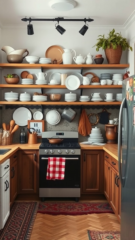 A boho-style kitchen with open shelves displaying a collection of eclectic dishware and decorative elements.