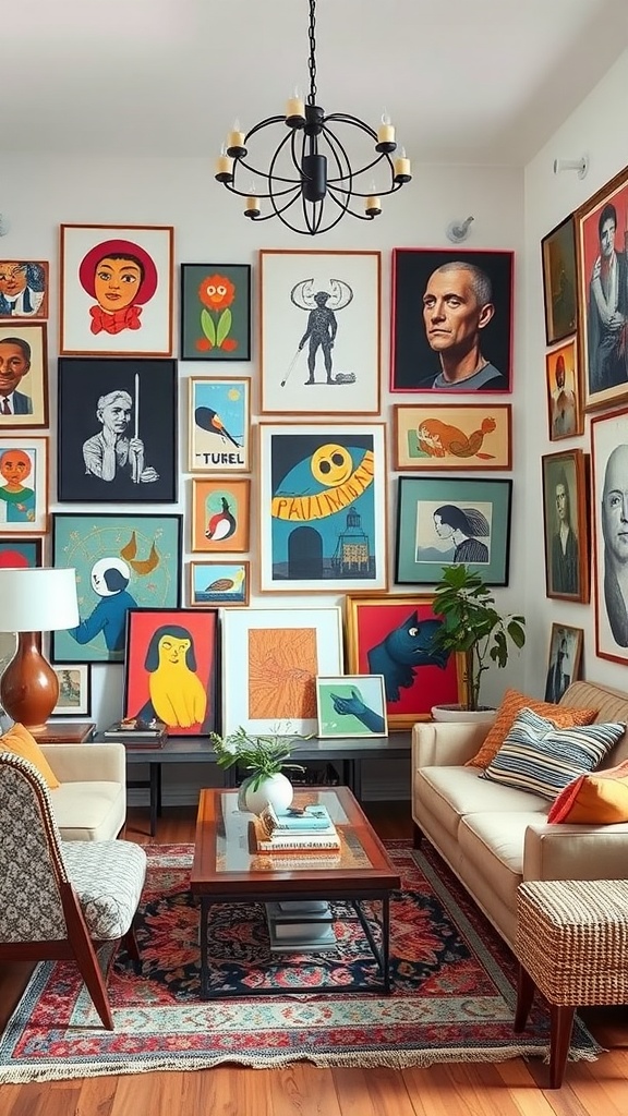 A cozy living room with a vibrant gallery wall filled with various artworks, featuring comfortable seating and decorative accents.