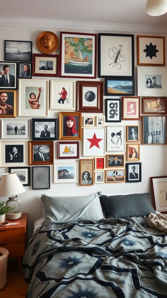 A bedroom wall filled with an eclectic mix of framed art and photographs in various styles and colors.