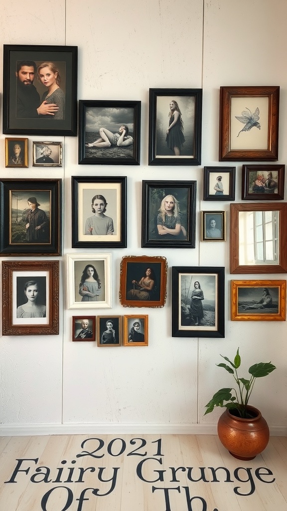 An eclectic gallery wall with various framed portraits and a plant in a pot.