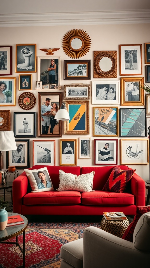 A cozy living room with a gallery wall filled with various frames and artworks above a red sofa.