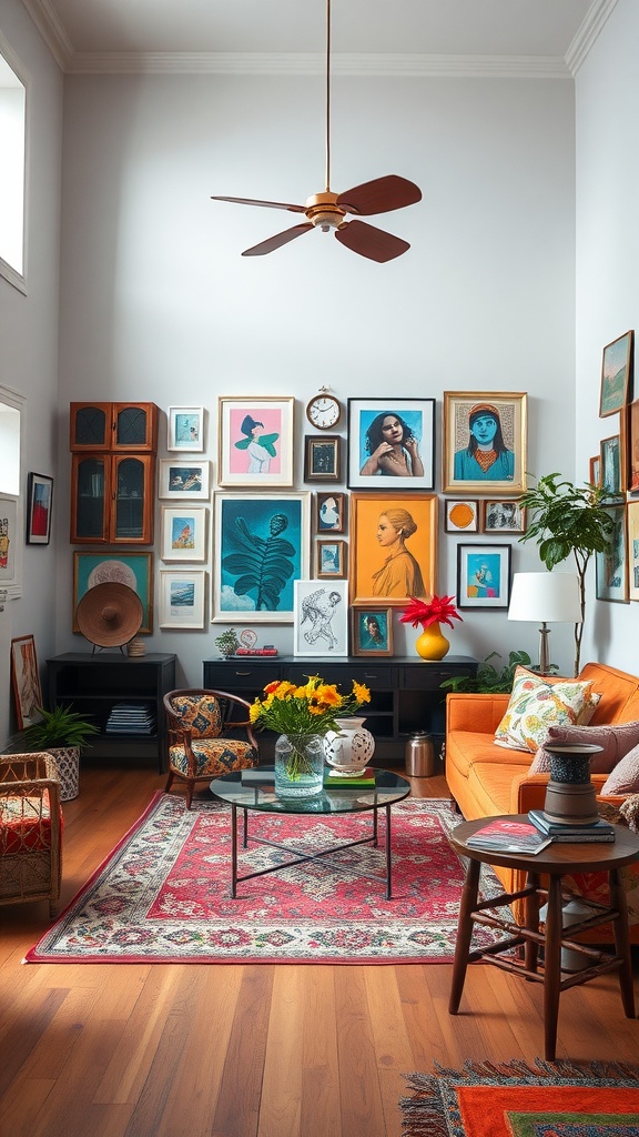 A vibrant living room showcasing an eclectic gallery wall with various framed artworks, a bright orange sofa, and a cozy atmosphere.