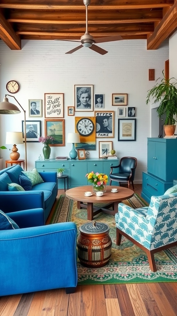 Living room with blue and green furniture, wooden ceiling, and a gallery wall