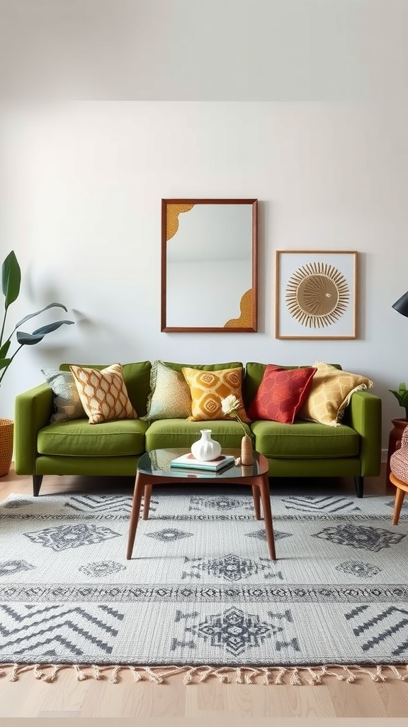 A living room with a green couch adorned with various patterned cushions, a stylish coffee table, and an intricate area rug.