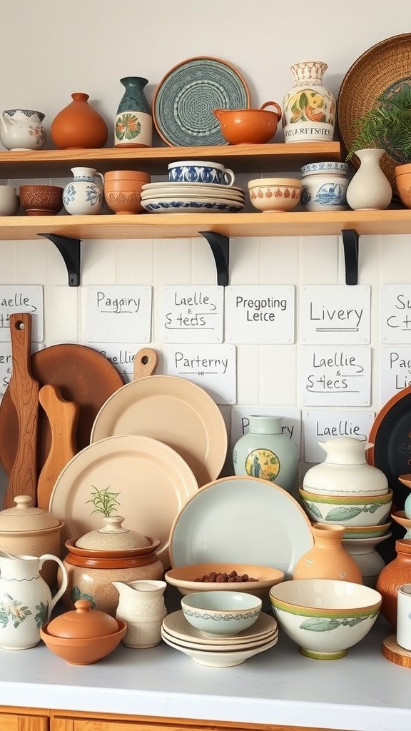 A collection of eclectic pottery and dishware displayed on shelves in a boho kitchen.