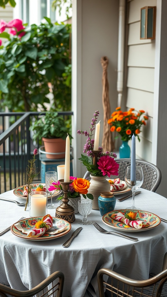 A beautifully decorated table on a balcony featuring colorful plates, candles, and fresh flowers.