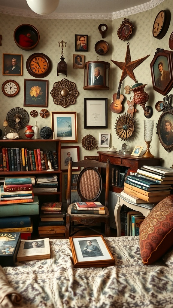 A vintage bedroom filled with eclectic accessories, including framed photos, books, clocks, and decorative objects on the walls.