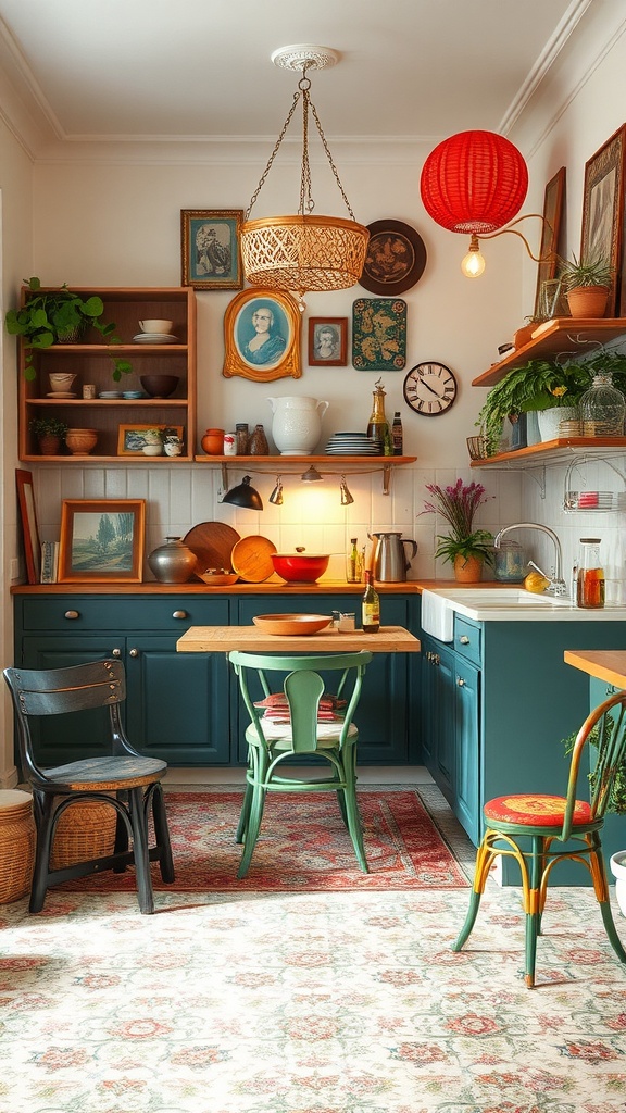 A cozy kitchen with teal cabinets, vintage decor, and eclectic furniture.