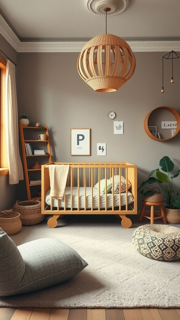 Eco-friendly nursery with wooden crib, natural decor, and soft textiles