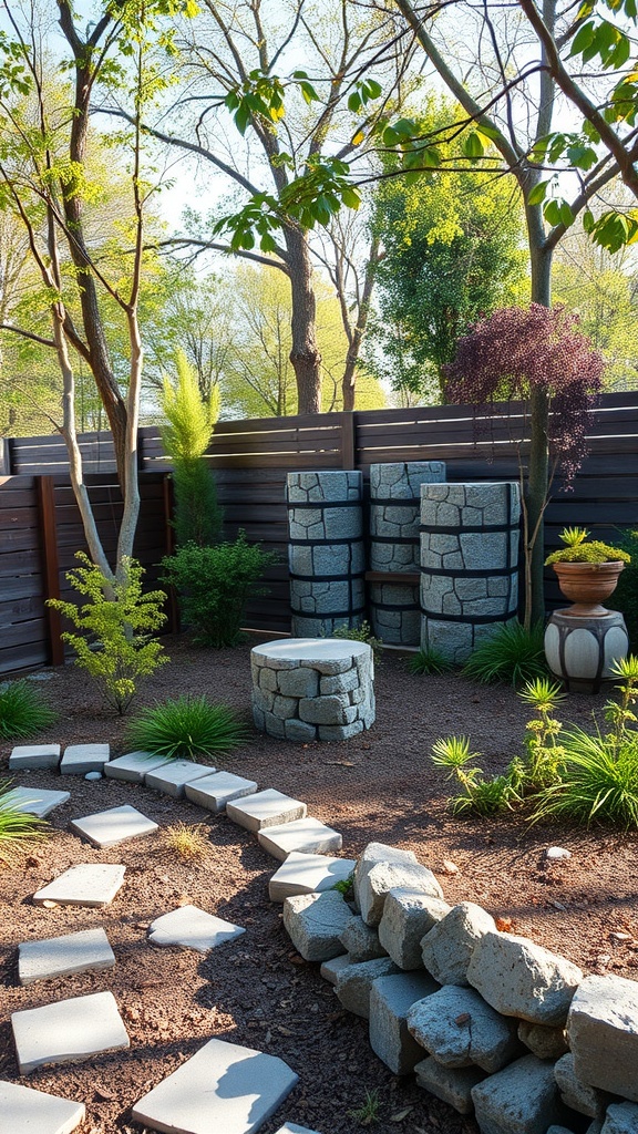 A serene garden showcasing gabion structures and a stone pathway