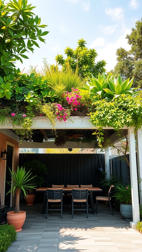 A patio with a green roof filled with various plants and flowers