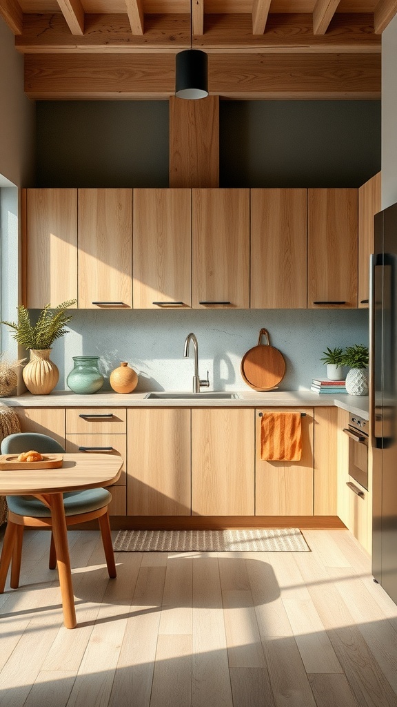 A modern kitchen featuring eco-friendly wooden cabinets, a round dining table, and natural light.