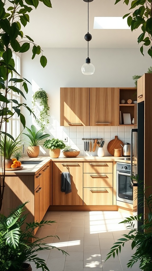 A bright kitchen featuring eco-friendly wooden cabinets, plants, and natural light.