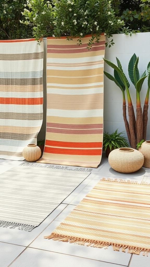 A collection of eco-friendly striped patio rugs displayed on a clean outdoor patio